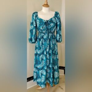 Sunday Up Teal & White Sundress – Square Neckline, Bishop Sleeves, NWOT